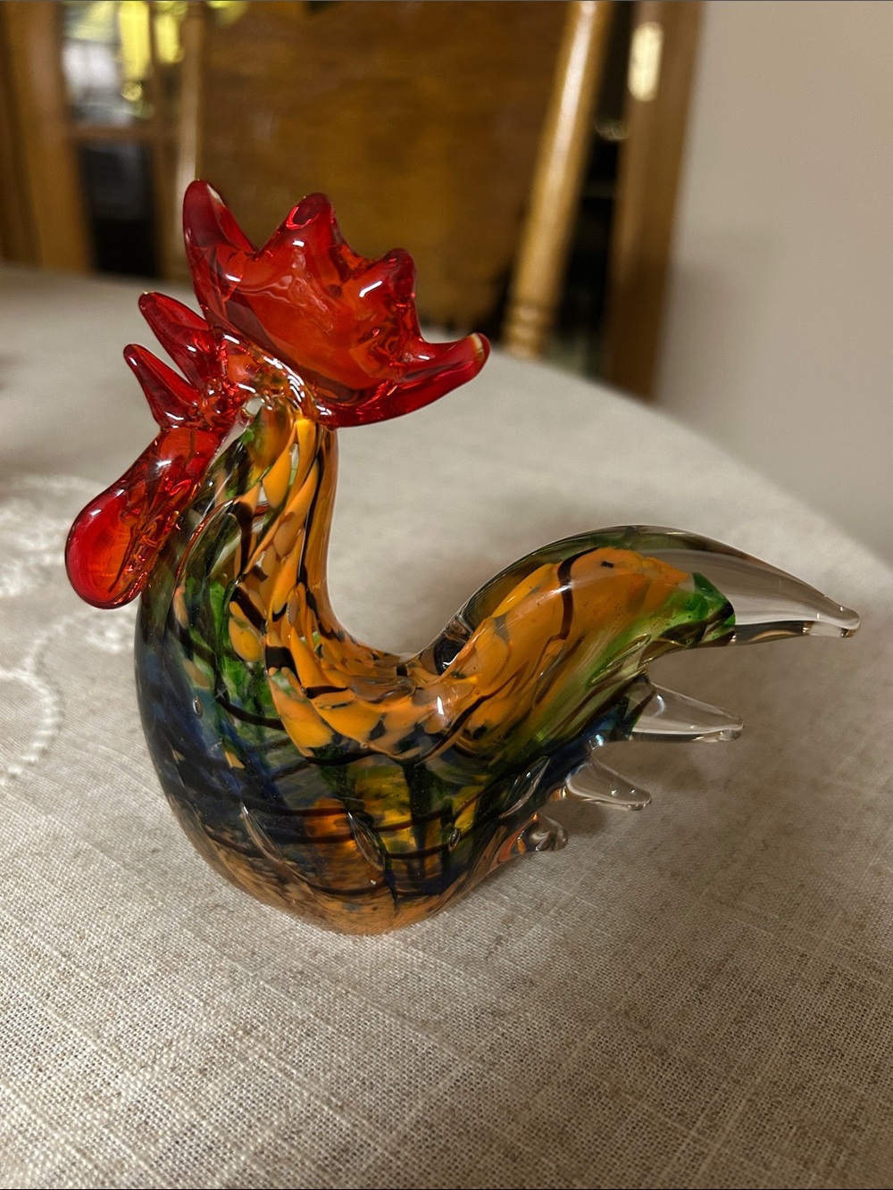 Murano style - Hand-Blown Glass Rooster Figurine - Red, Orange, Green